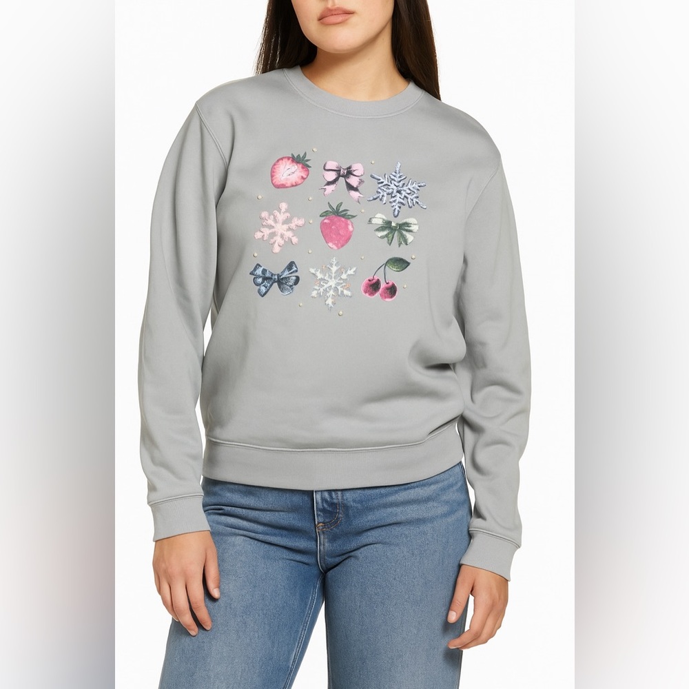Cute Graphic Gray Sweatshirt Bows, Strawberries Snowflakes -Cozy Casual Pullover